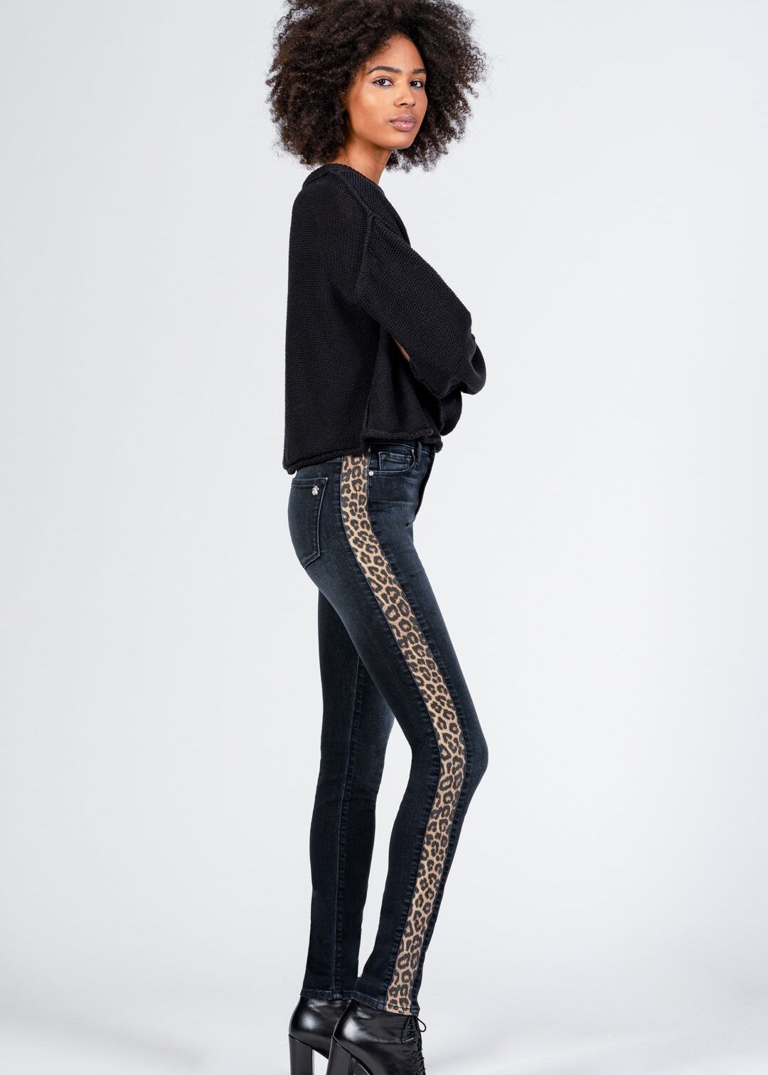 Black Orchid Denim Gisele High Rise Super Skinny with Leopard Stripe - Raven - Luxe EQ