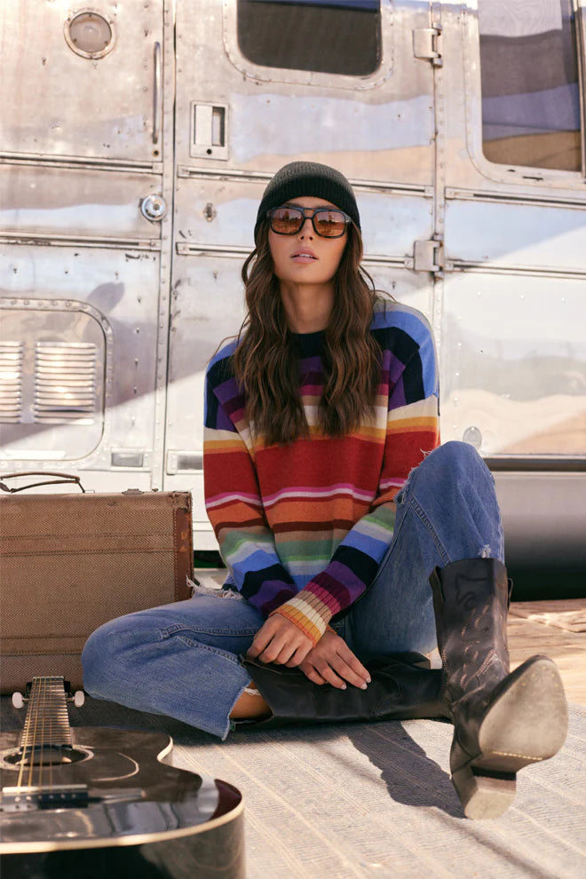 Minnie Rose Cashmere Multi Stripe Oversize Crew